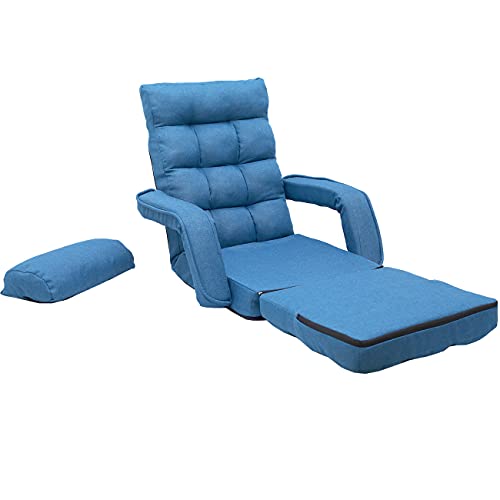 Blue Adjustable Folding Chaise Lounge Sofa with Armrests and Pillow A2407