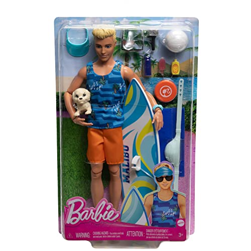 Poseable Blonde Ken Beach Doll with Surfboard and Pet Puppy Z5625