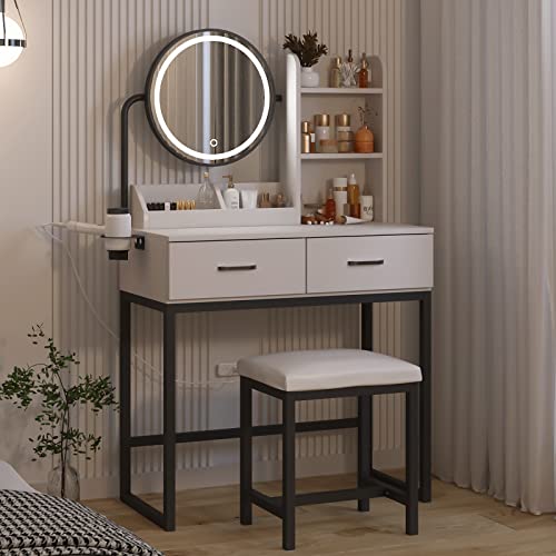 White Vanity Desk with Round Mirror and Lights and Hair Dryer Rack (Brown and Black, 15.75 * 31.5 * 53.6in) S917713
