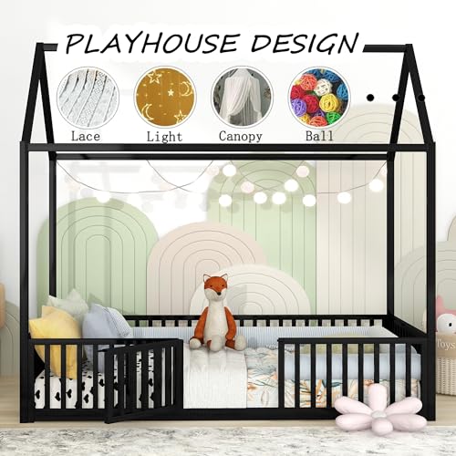 Full Floor Bed with Door and Fence, Metal Montessori Bed Full Size, White D233
