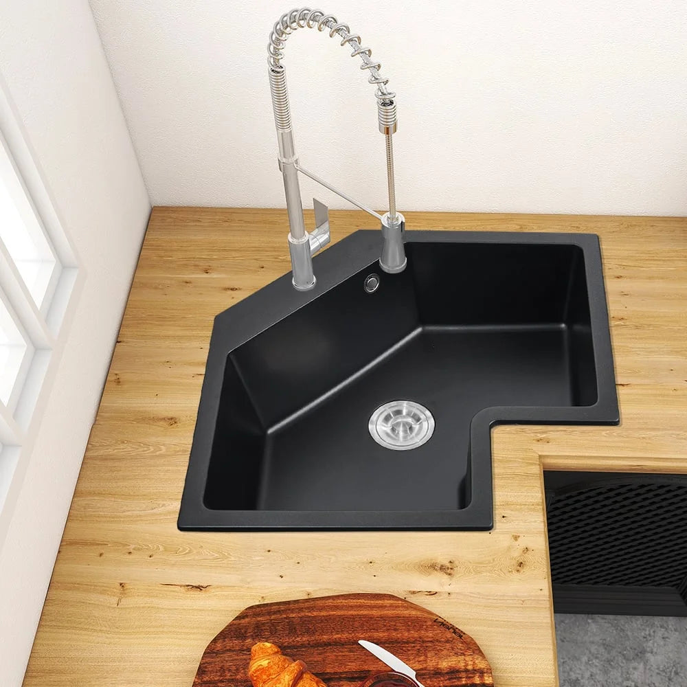 Black Drop In Corner Kitchen Sink Single Bowl Quartz W163
