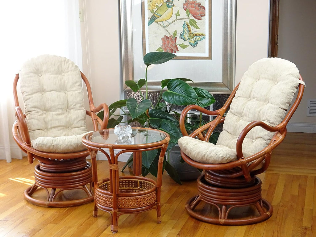 2 PC Natural Rattan Swivel Rocking Chair Set with Cream Cushion and Coffee Table H26882