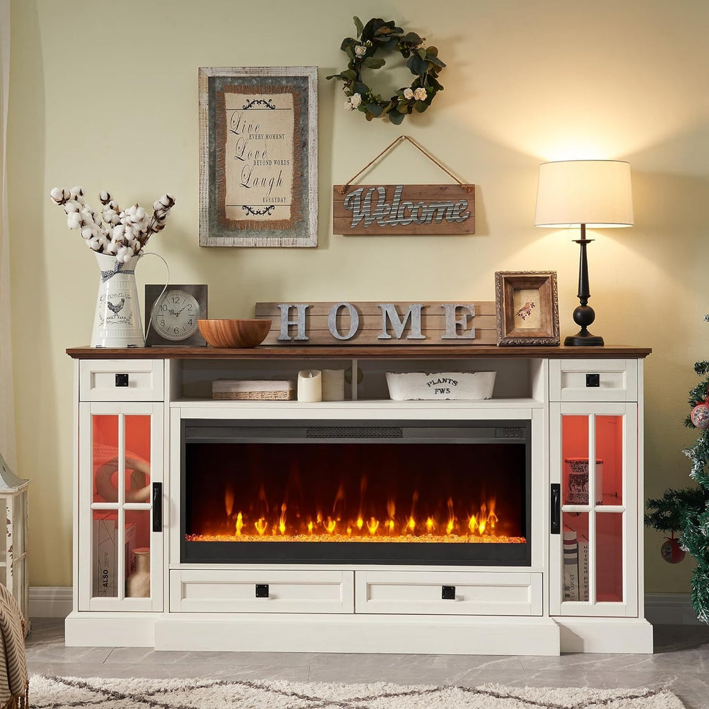 Antique White Fireplace TV Stand with Storage Drawers & Cabinets Q288757