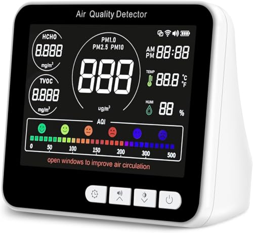 14 in 1 Air Quality Monitor Indoor with Beep Alarm, PM1.0|PM2.5|PM10|HCHO|TVOC|AQI|Temperature|Humidity|Time, Battery Powered Air Monitor M72120