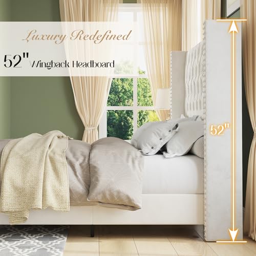 King Upholstered Bed Frame with Tall Headboard Wingback Platform Bed Tufted Deep Button Velvet Light Grey S75347