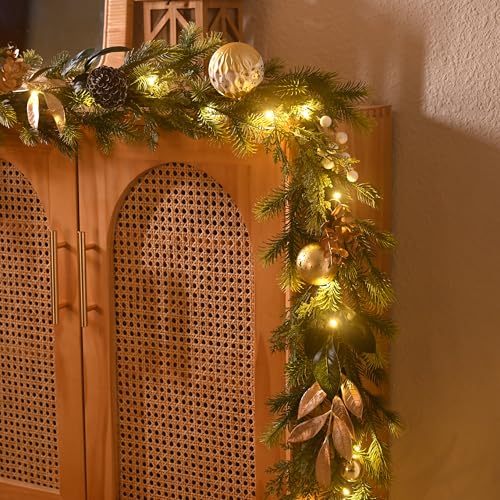 6Ft Prelit Christmas Garland with Pine Cone, Bow Ornaments (Green Gold) M968