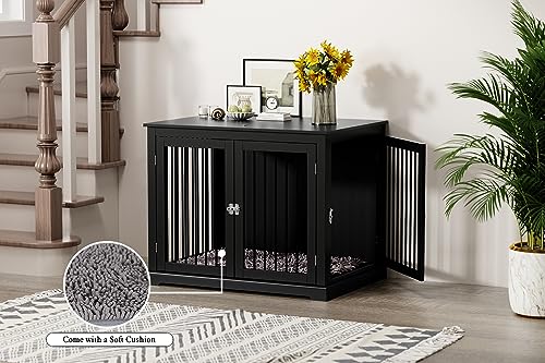 Large Wooden Dog Crate with Cushion and Flip Top, Black D5102