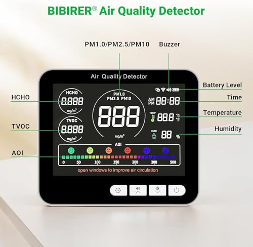 14 in 1 Air Quality Monitor Indoor with Beep Alarm, PM1.0|PM2.5|PM10|HCHO|TVOC|AQI|Temperature|Humidity|Time, Battery Powered Air Monitor M72120