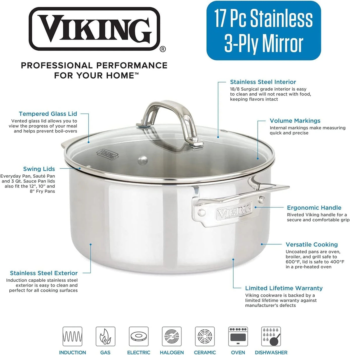 17pc Stainless Steel Cookware Set with Glass Lids R737846