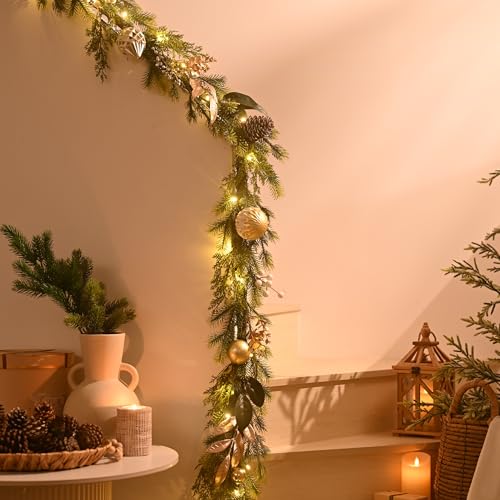 6Ft Prelit Christmas Garland with Pine Cone, Bow Ornaments (Green Gold) M968