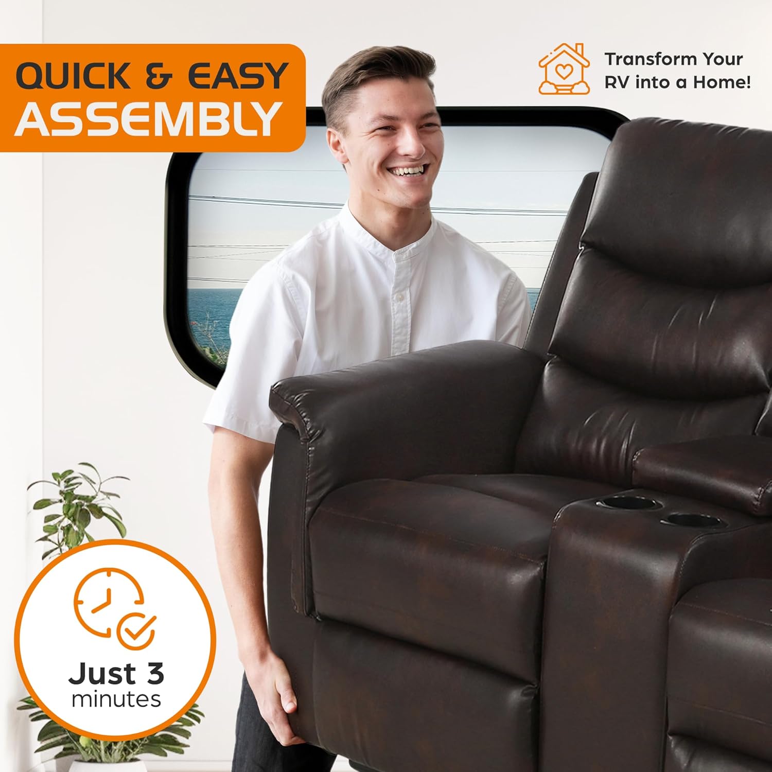 68" Wall Hugger RV Couch with Console Cup Holder Double Seat Reclining Chair Browm A10309