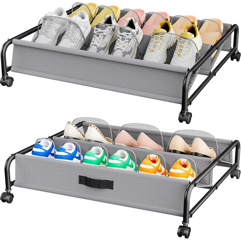 2 Pack Rolling Under Bed Shoe Storage with Breathable Mesh Pockets O102811
