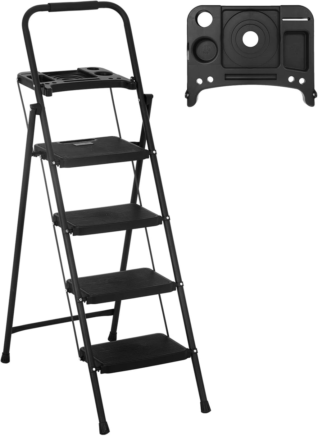 Black Steel Folding Step Stool with Tool Tray Q4159
