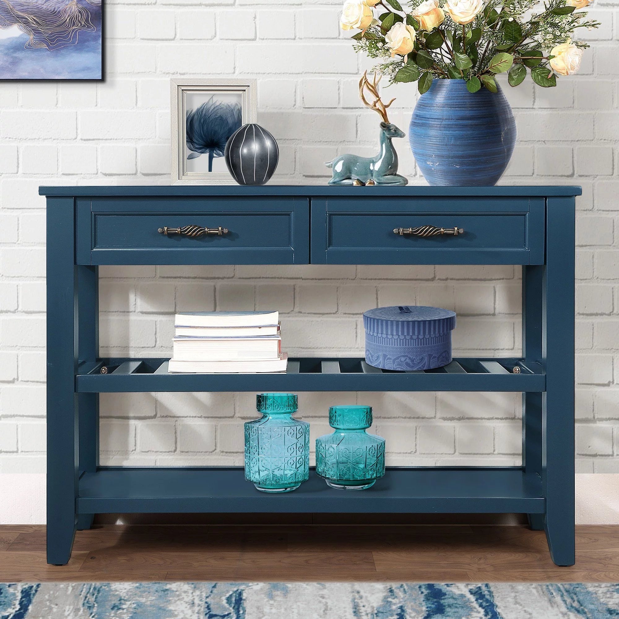Navy Blue 42'' Solid Wood Console Sofa Table with 2 Drawers and 2 Shelves H535