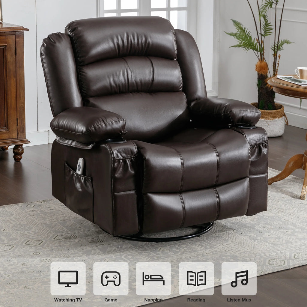 Brown Ergonomic Swivel Rocker Recliner Chair with Vibration Massage and Heat N99032