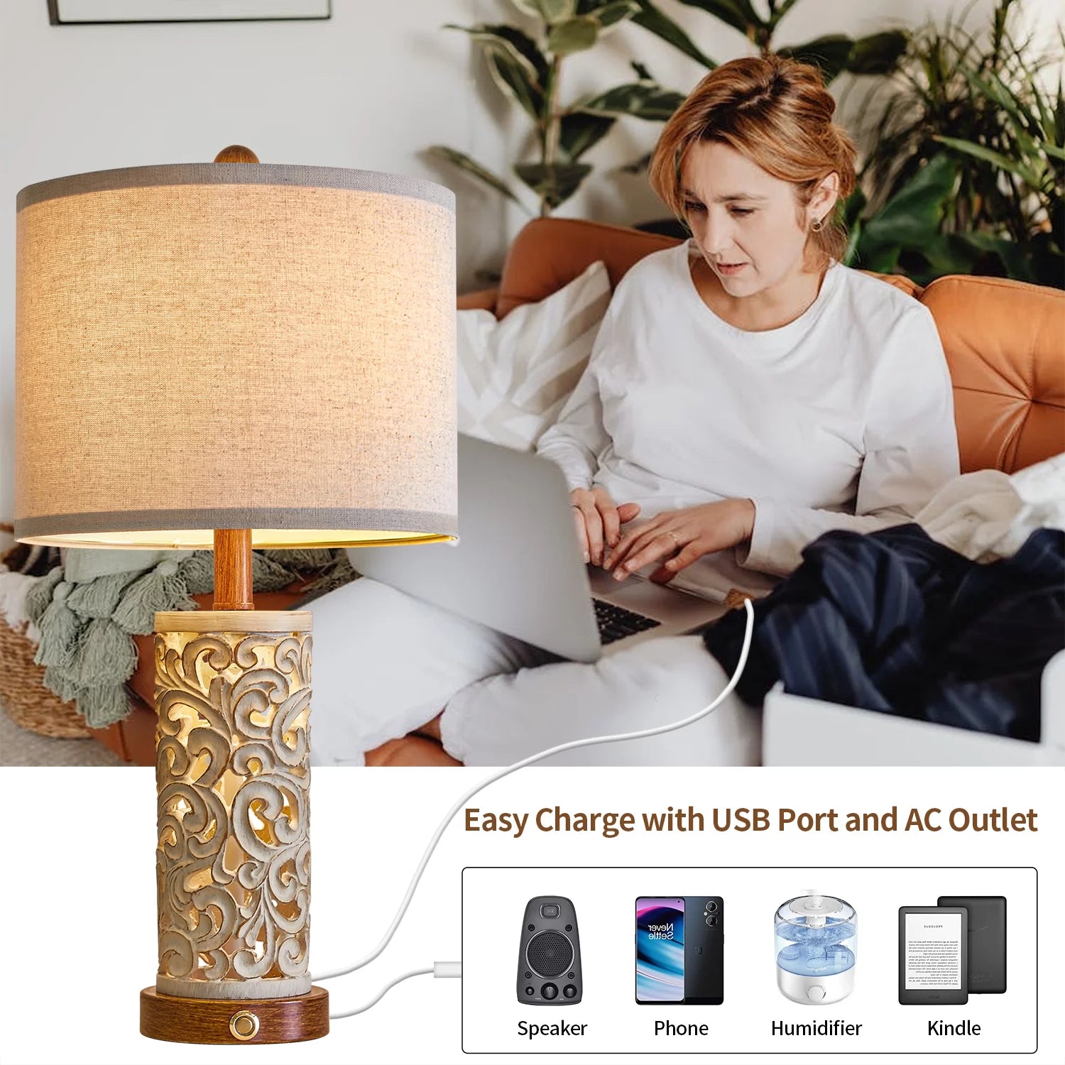 Rustic Table Lamp Set of 2 3 Way Dimmable 22" with 2 USB Ports X869