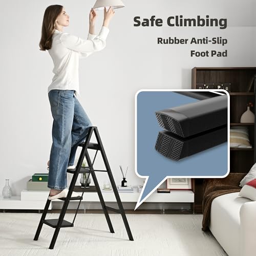 Black Steel Folding Step Ladder with Anti-Slip Wide Pedal S5020