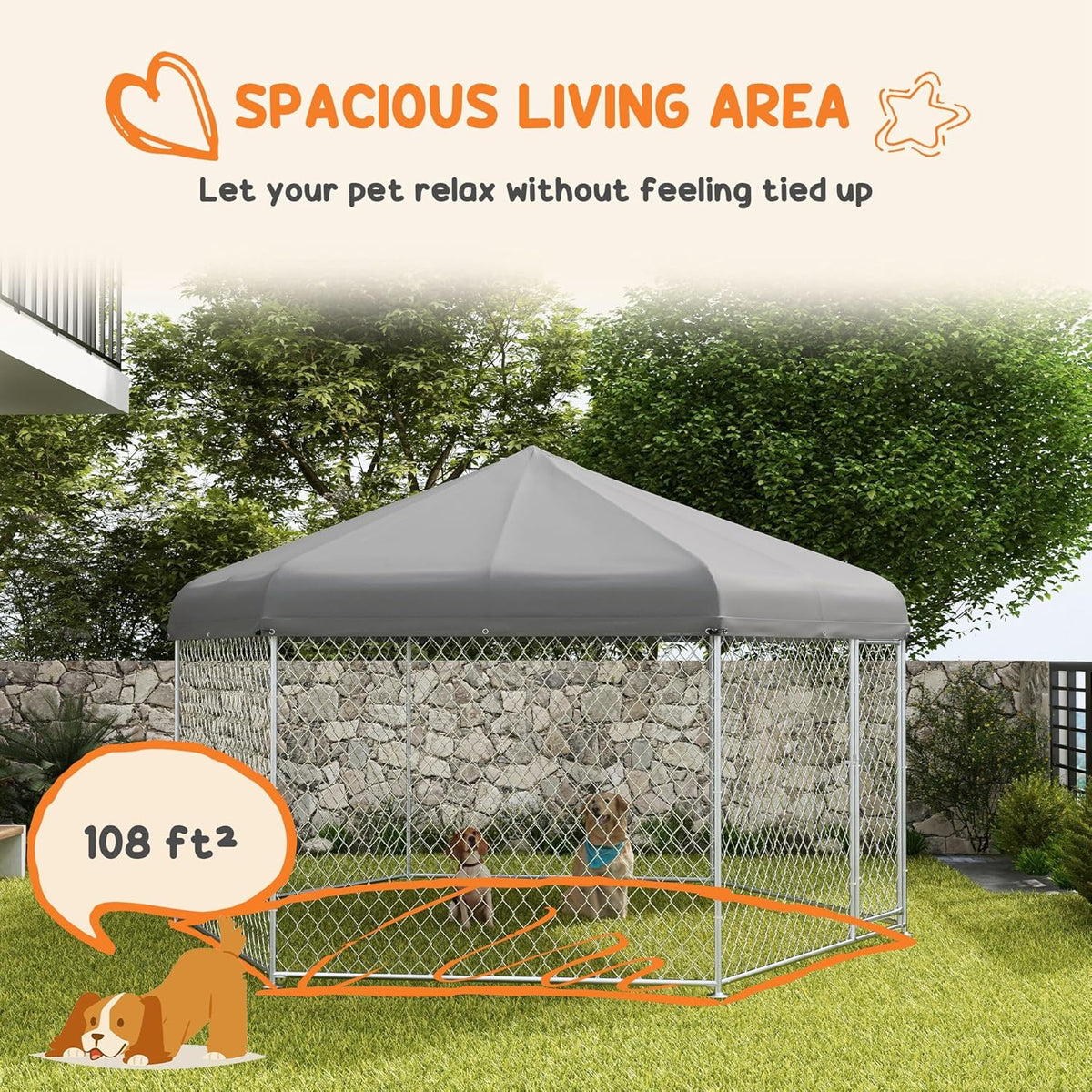 13.4' x 11.5' x 8.8' Dog Kennel Outdoor Dog Run with Waterproof Roof, Lockable Door, Silver H42765