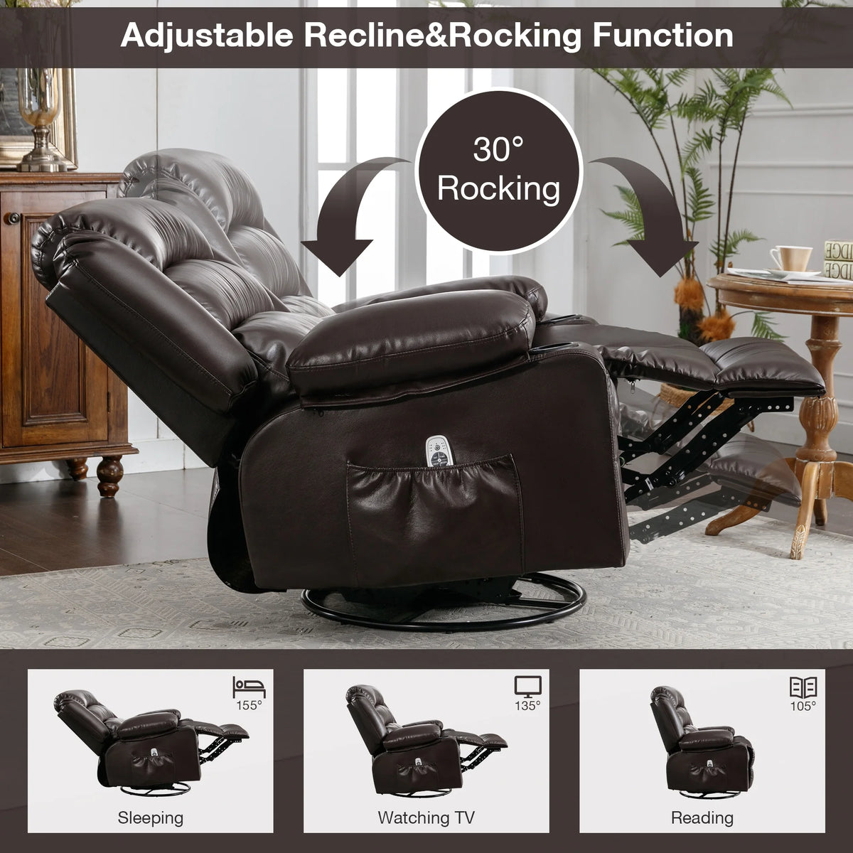 Brown Ergonomic Swivel Rocker Recliner Chair with Vibration Massage and Heat N99032