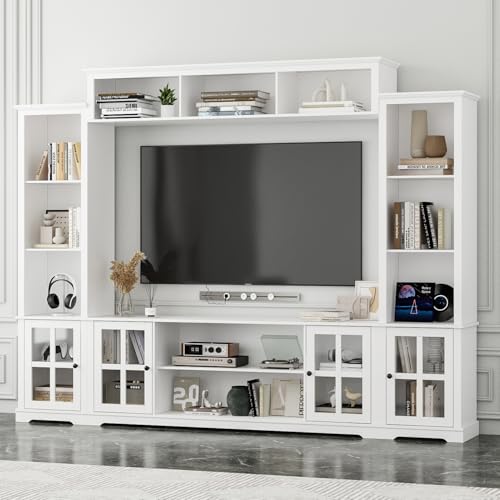 Grey 102" W Large Farmhouse TV Stand with Glass Doors L43122