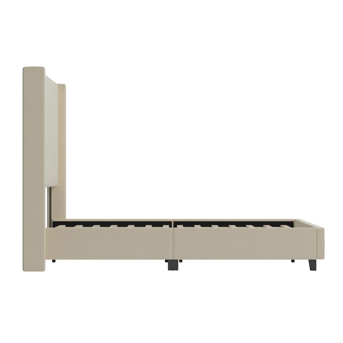 Beige Queen Size Platform Bed Frame with Padded Faux Linen Upholstered Wingback Headboard Z3555