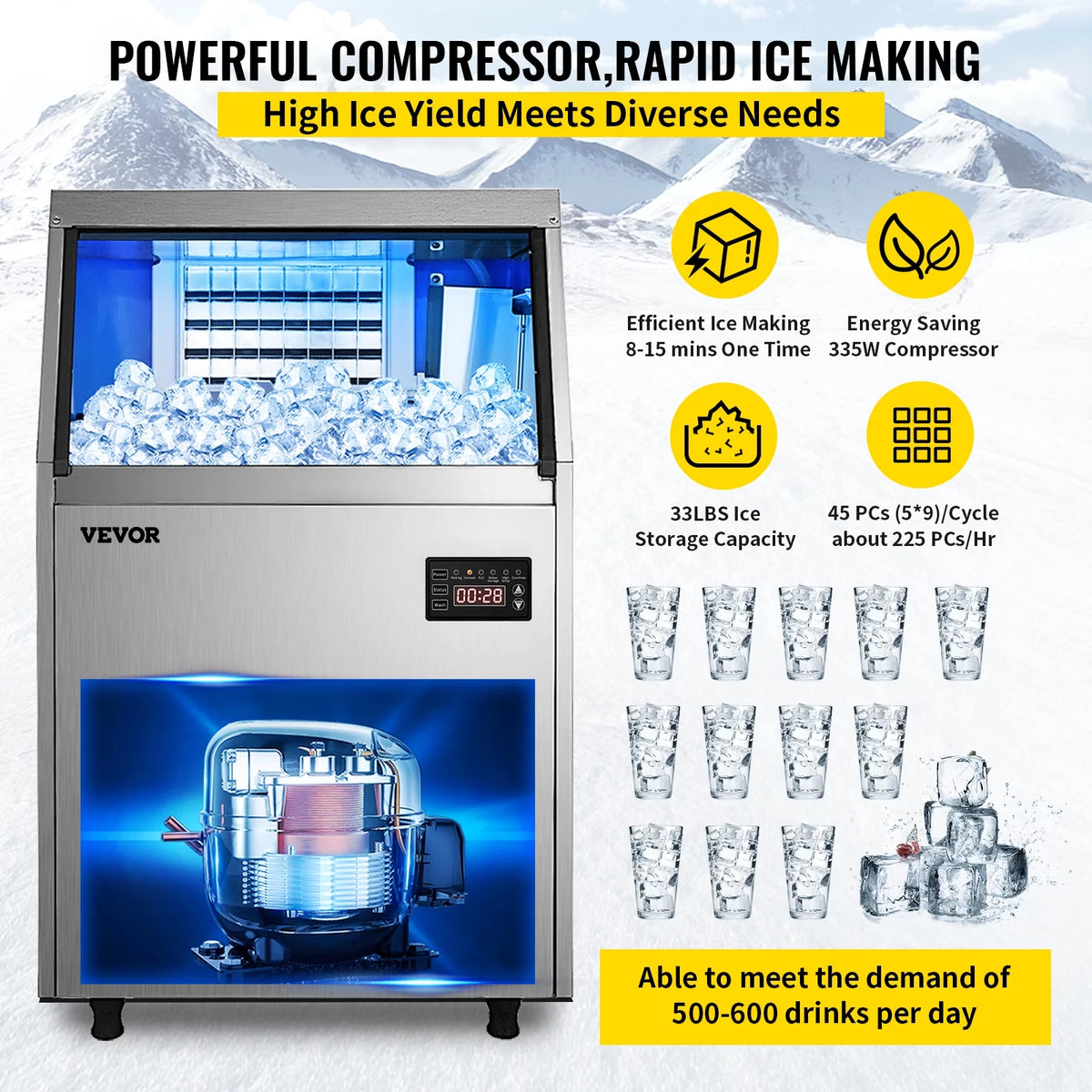 110V Commercial Ice Maker 110-120lbs/24H with 33LBS Bin Stainless Steel V561559