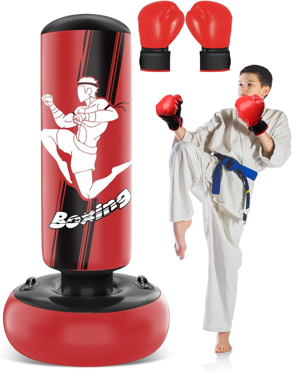 66 Inch Inflatable Punching Bag with Boxing Gloves (Red) S737