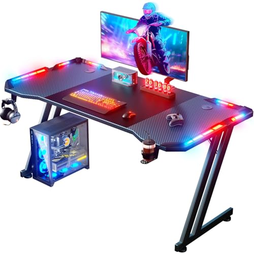 47 Inch Gaming Desk with LED Lights Carbon Fibre Surface S82709