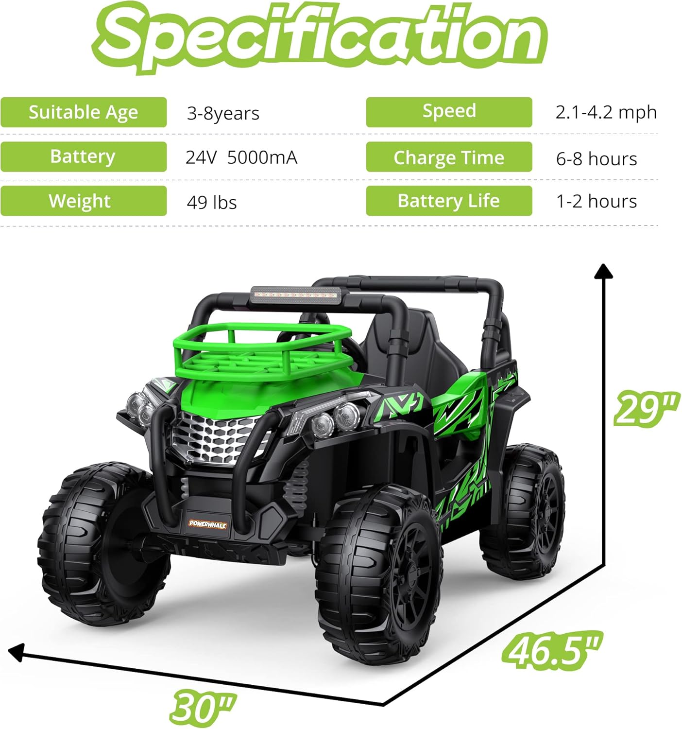 24V UTV Battery Powered Ride On Car with Remote Control 4WD Electric Car, Green, Large P35369
