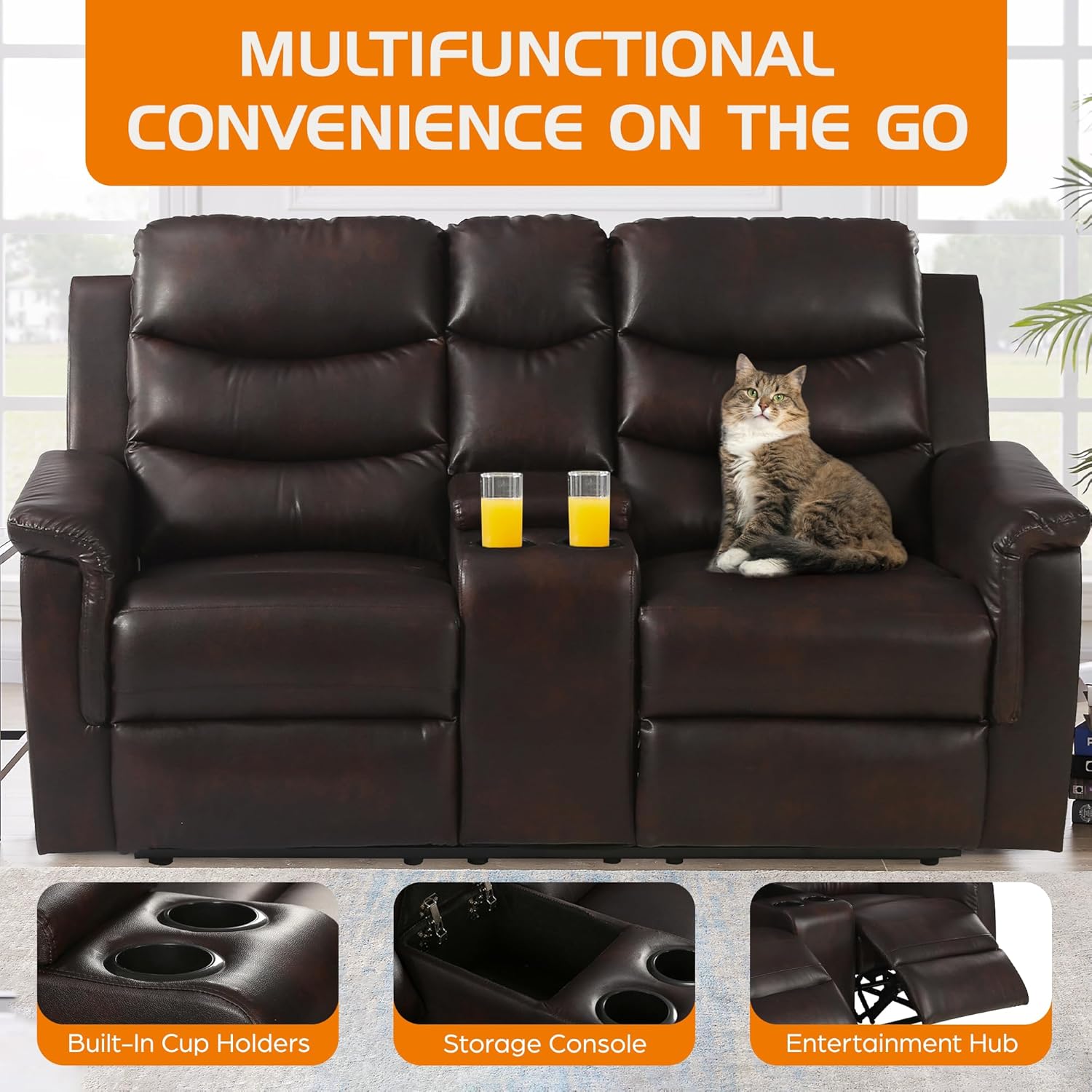68" Wall Hugger RV Couch with Console Cup Holder Double Seat Reclining Chair Browm A10309