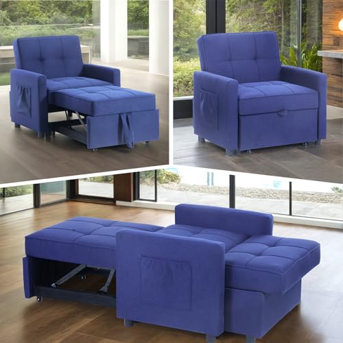 Blue Velvet Convertible Sleeper Sofa Bed with 2 Pillows Q986
