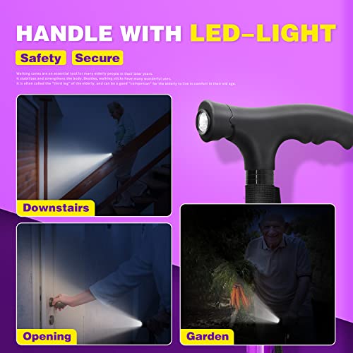 Folding Walking Cane with LED Light, Adjustable Quad Base with Carrying Bag R971