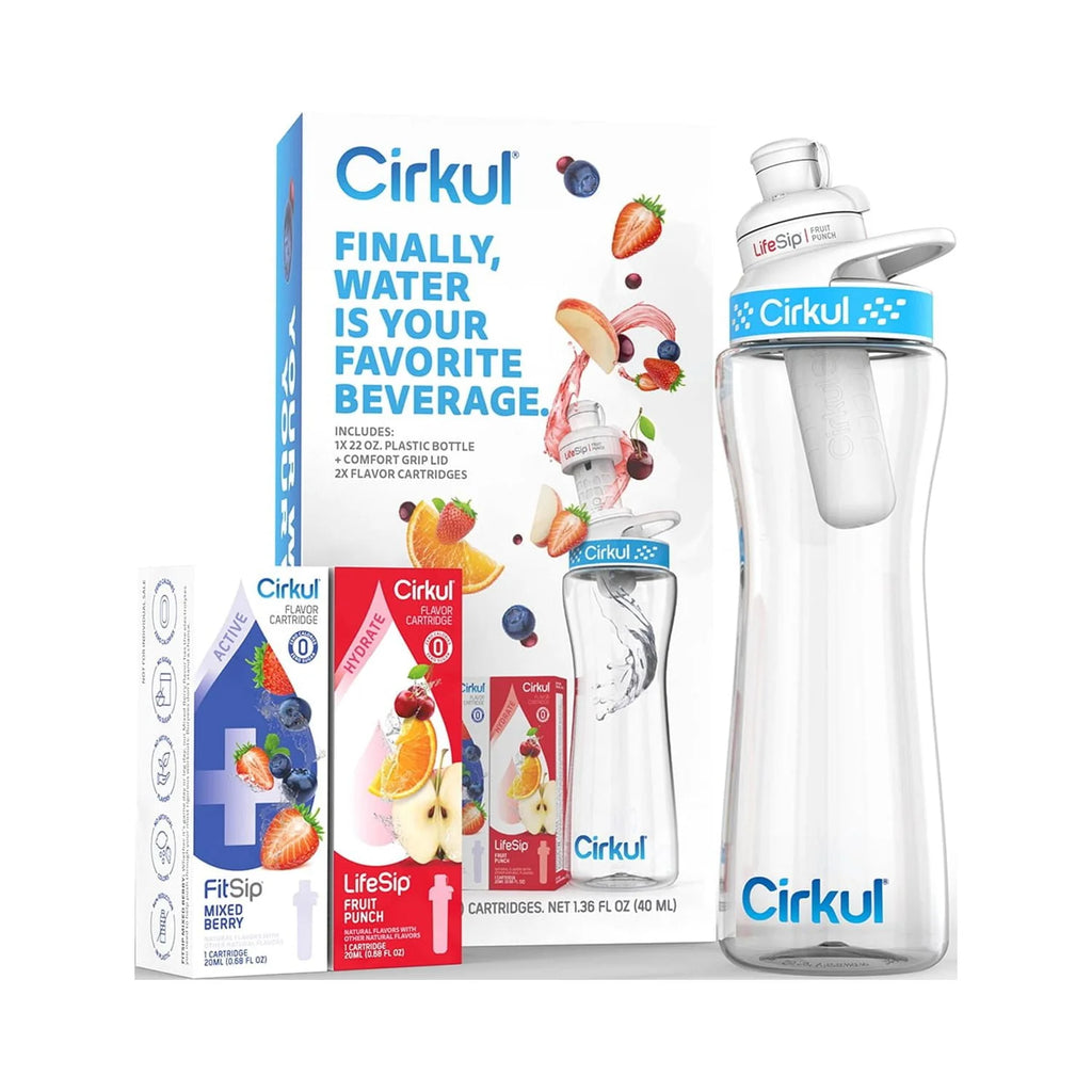 22oz Plastic Water Bottle Starter Kit with Blue Lid and 2 Flavor Cartridges W527