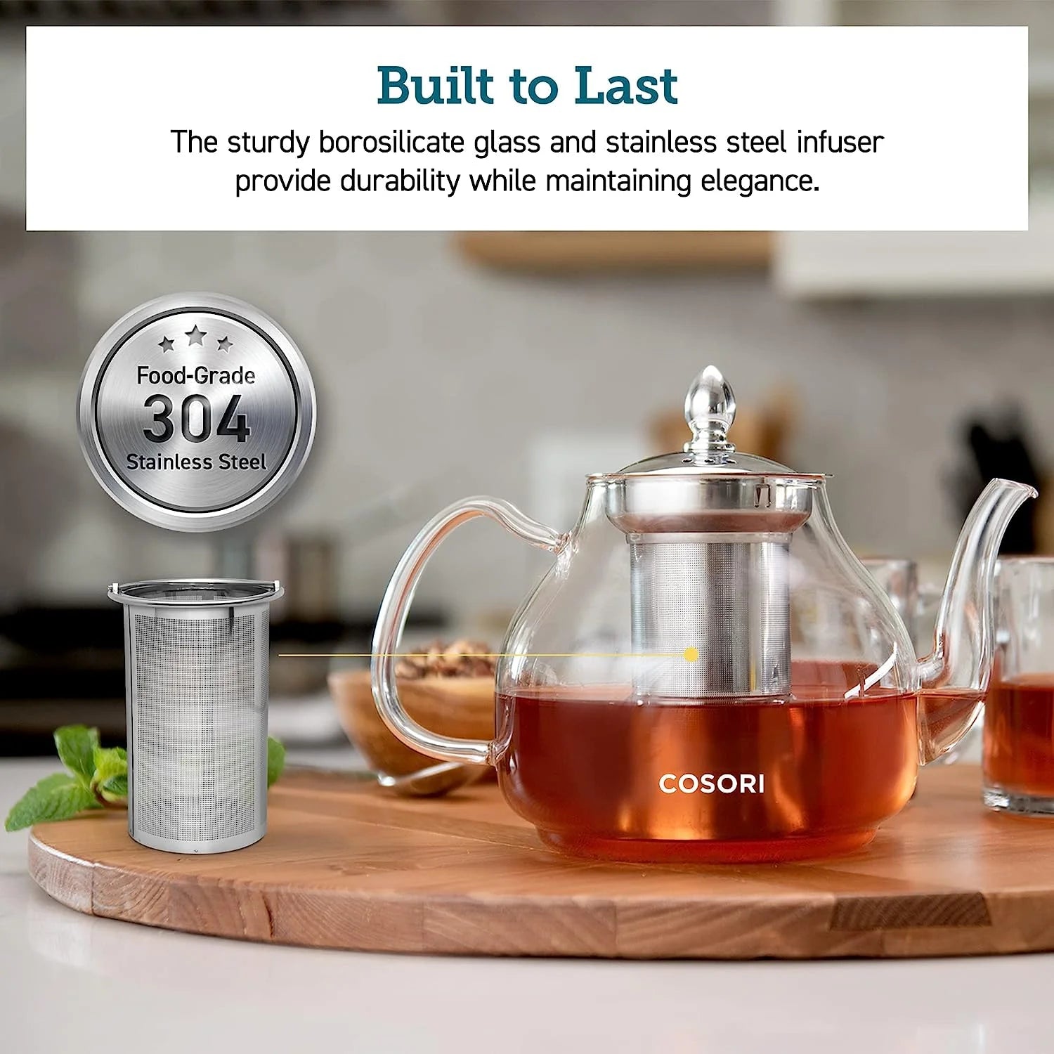 Glass Teapot Stovetop Gooseneck Kettle with Removable Stainless Steel Infuser, Borosilicate, 1000 ml, Transparent H975209