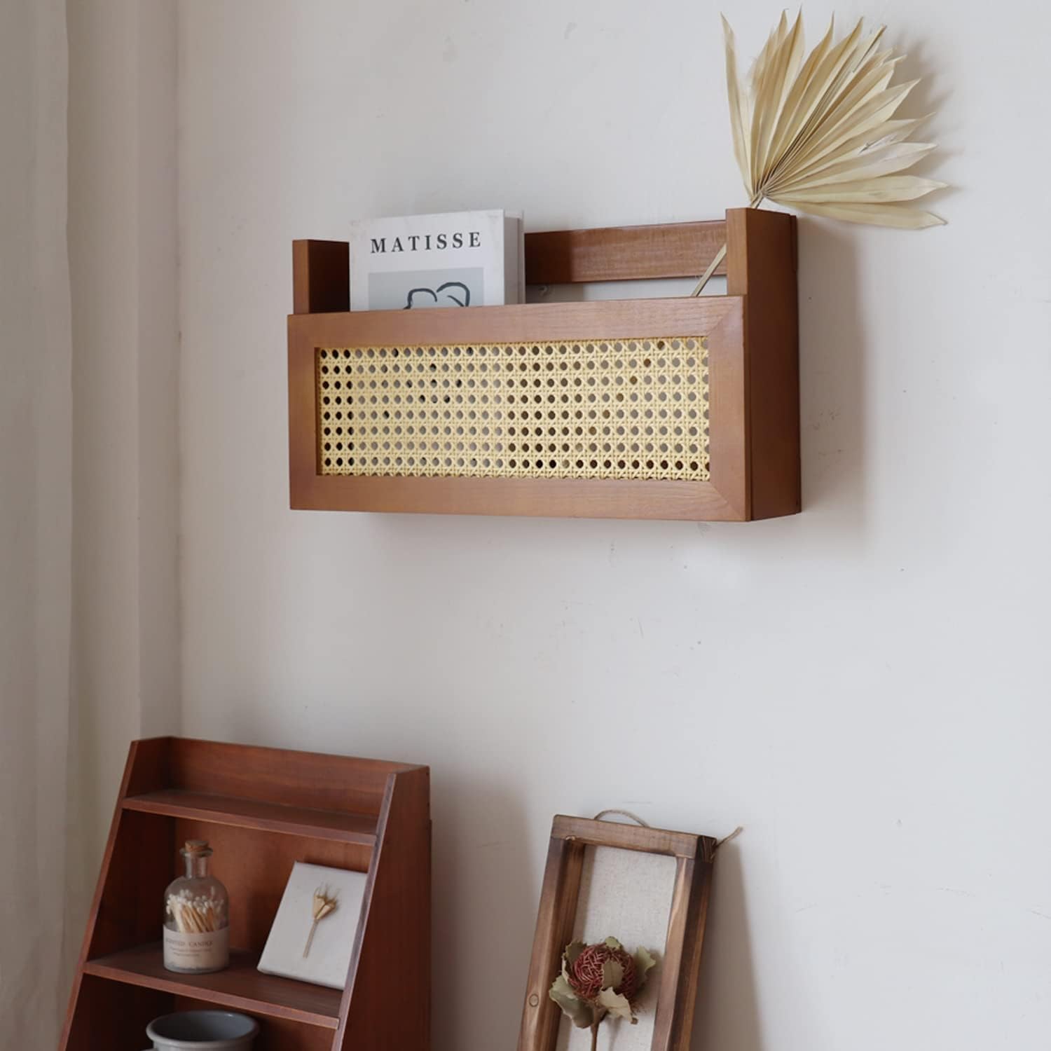Wall Wood Magazine Rack with PE Rattan Grid, Size 17.3" x 4" x 9.4", Brown S2051