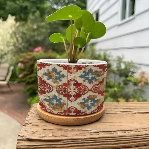 Blue And White Porcelain Ceramic Round Plant Pot with Drainage Holes And Bamboo Tray V316411