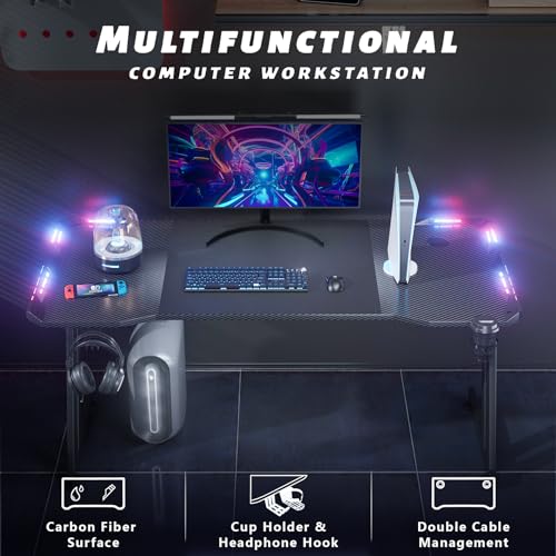 47 Inch Gaming Desk with LED Lights Carbon Fibre Surface S82709