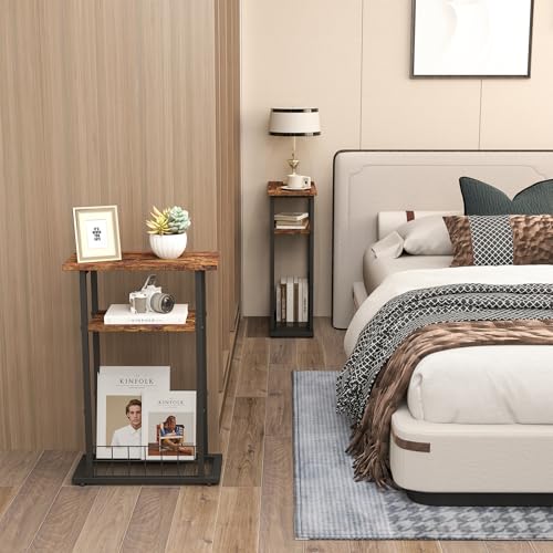 3-Tier Narrow End Table with Magazine Holder Rustic Brown Q51040