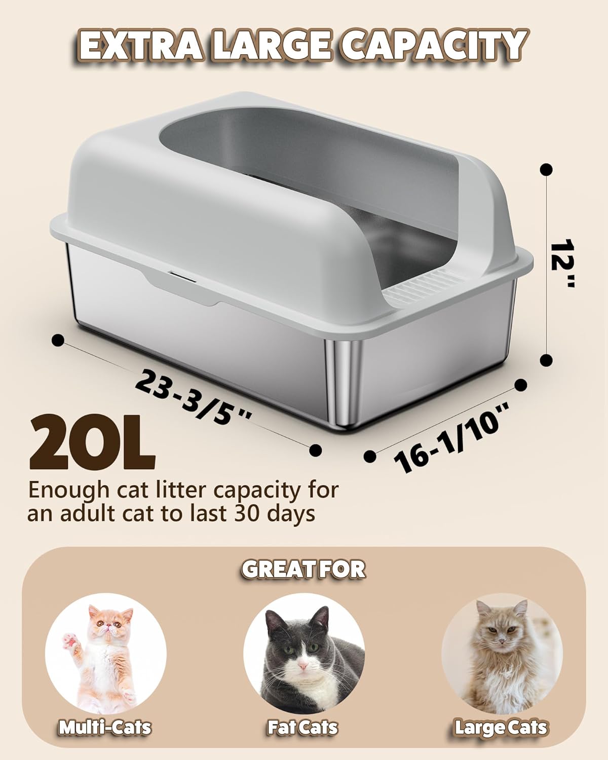 Extra Large Stainless Steel Cat Litter Box with Lid Z185