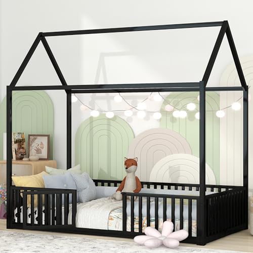 Full Floor Bed with Door and Fence, Metal Montessori Bed Full Size, White D233
