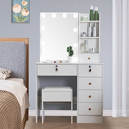 White Vanity Stool with Upholstered Cushion R7685