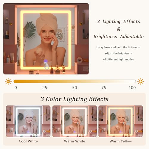 White Makeup Vanity Desk with Mirror and Lights, Large Vanity Table Set with Charging Station, Dressing Table with RGB Cabinets, 3 LED Lights Modes A544