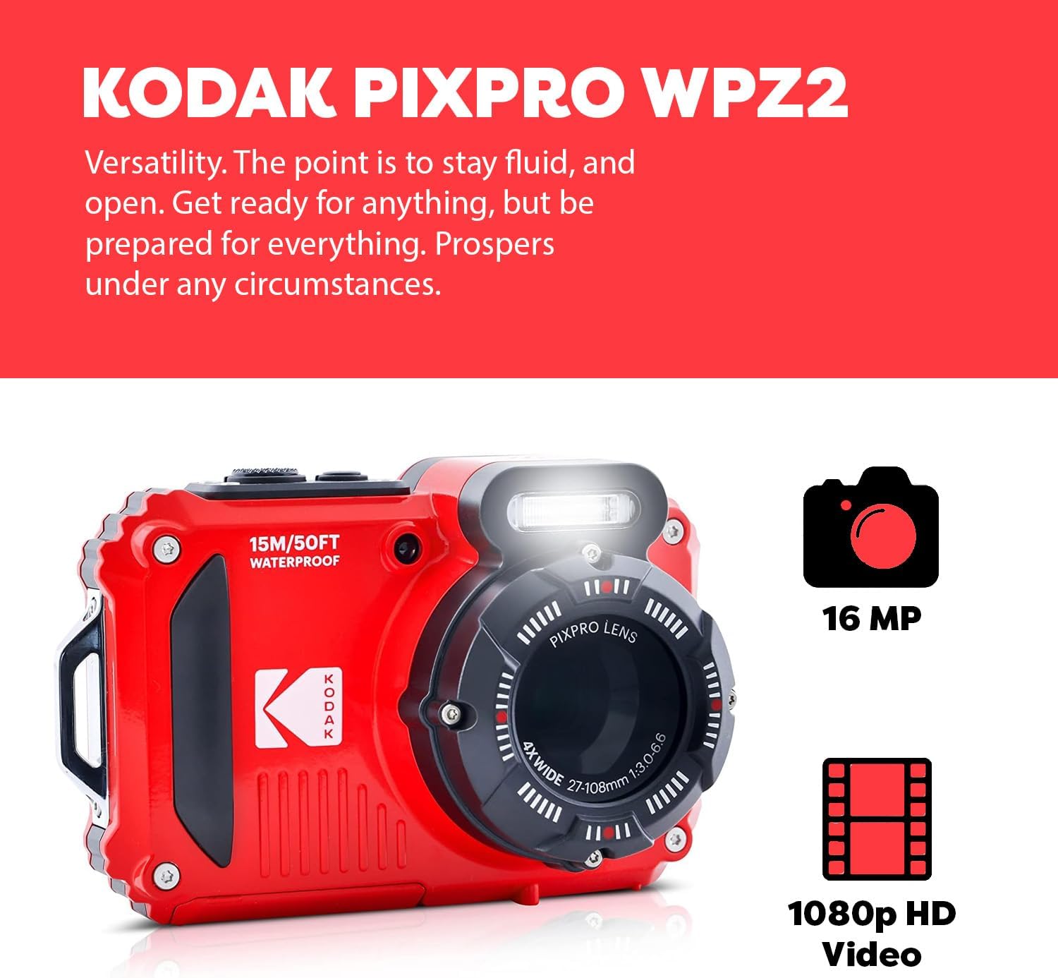 Red Rugged Waterproof Digital Camera with Case, Monopod, Card Reader (9 Items) F678706