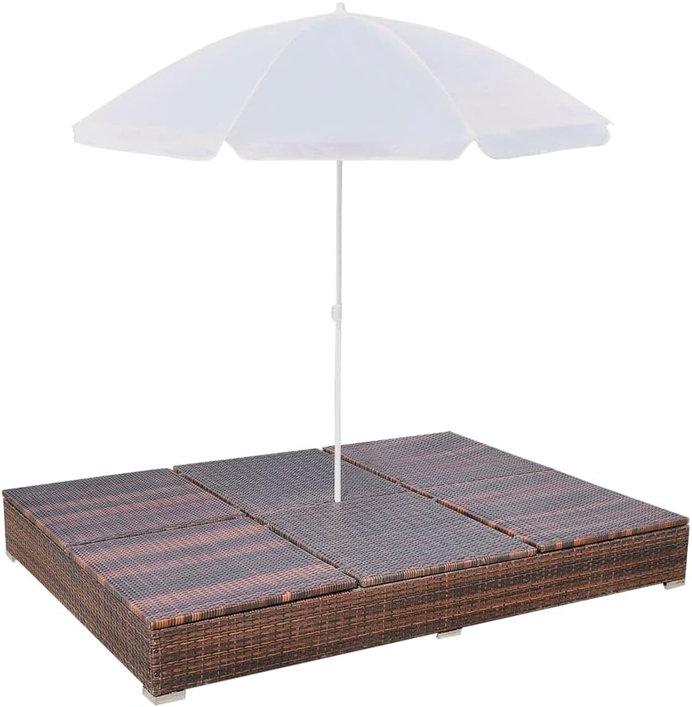 Brown Poly Rattan 2-Person Sun Lounger with Cushion and Umbrella Z1335