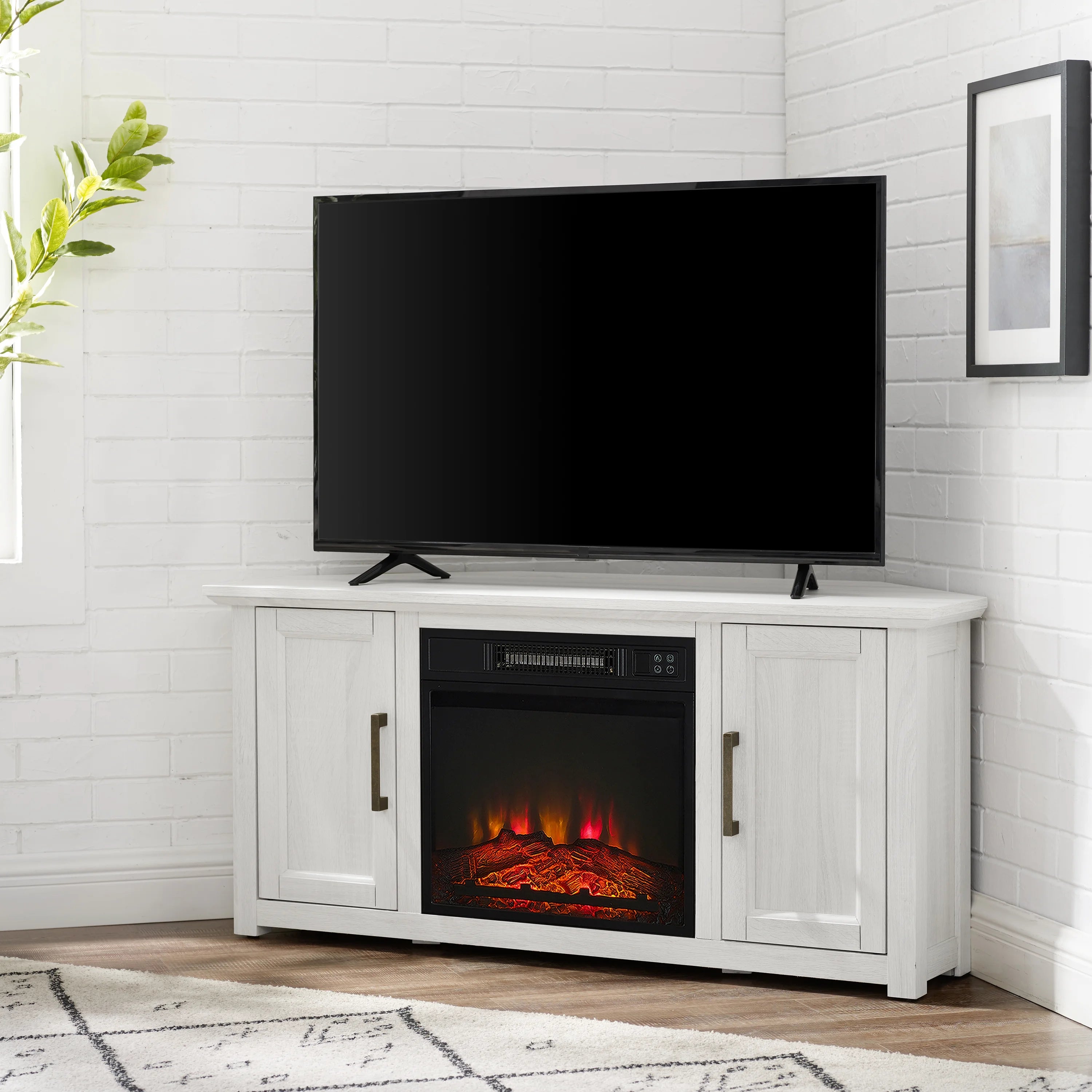 Whitewash Wood Corner TV Stand with Fireplace R452