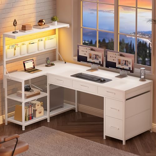 Black L Shaped Gaming Desk with 5 Drawers, Storage Shelves, LED Lights, Power Outlets and Storage Bag R314