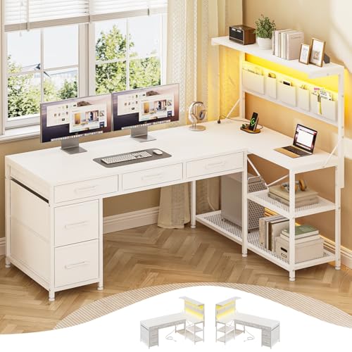 Black L Shaped Gaming Desk with 5 Drawers, Storage Shelves, LED Lights, Power Outlets and Storage Bag R314