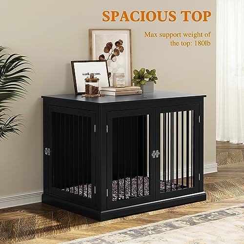 Large Wooden Dog Crate with Cushion and Flip Top, Black D5102