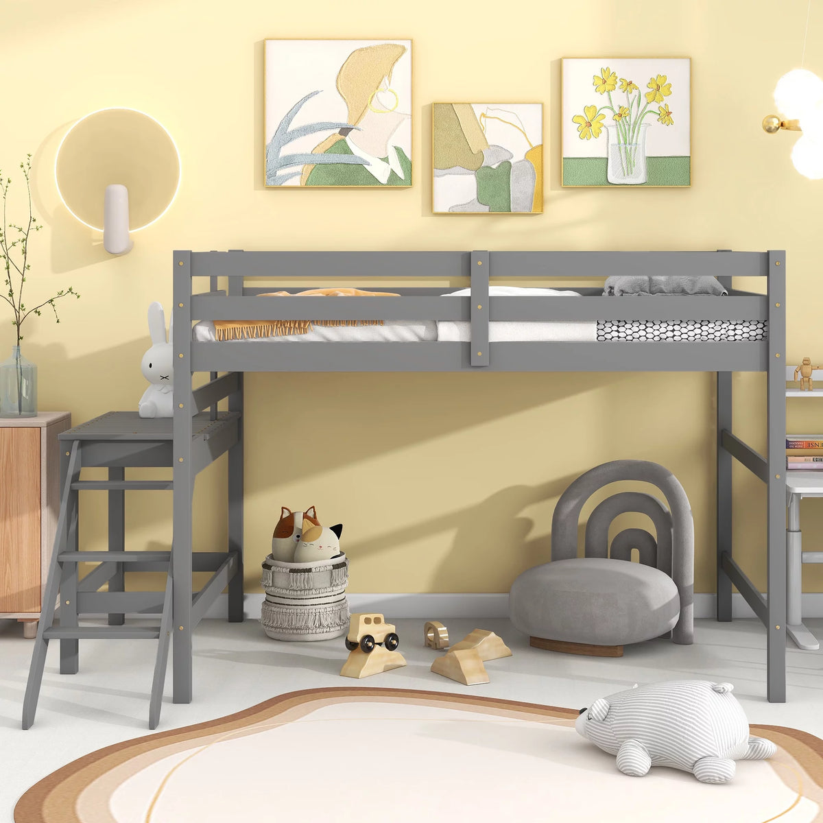 Gray Full Wood Loft Bed with Safety Rail and Ladder P535