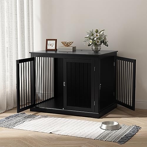 Large Wooden Dog Crate with Cushion and Flip Top, Black D5102